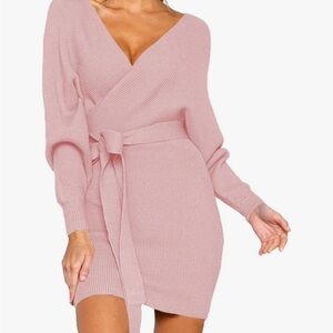 Elegant Pink Wrap Sweater Dress